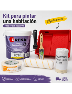 Kit para pintar una habitación con pintura blanca, rodillo, cubeta, paletina, cinta y plástico protector