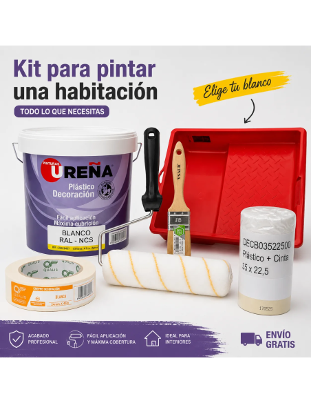 Kit para pintar una habitación con pintura blanca, rodillo, cubeta, paletina, cinta y plástico protector