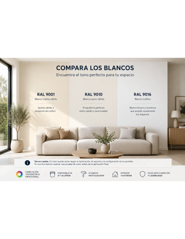 Comparativa de los blancos RAL 9001, RAL 9010 y RAL 9016 aplicados en las paredes de un salón