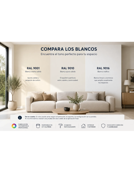 Comparativa de los blancos RAL 9001, RAL 9010 y RAL 9016 aplicados en las paredes de un salón