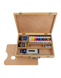 Maletín de óleo Goya 20GO abierto con 12 tubos de 20 ml, pinceles, auxiliares y paleta de madera
