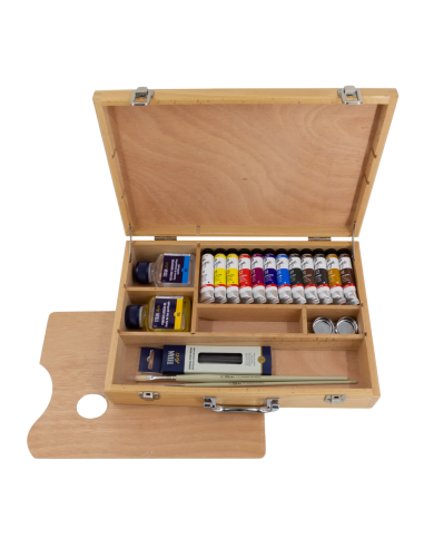 Maletín de óleo Goya 20GO abierto con 12 tubos de 20 ml, pinceles, auxiliares y paleta de madera