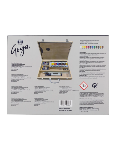 Parte posterior del embalaje del maletín Goya 20GO con información del contenido y los 12 colores