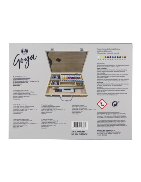 Parte posterior del embalaje del maletín Goya 20GO con información del contenido y los 12 colores