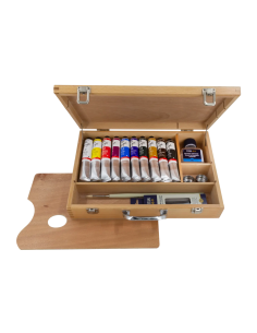 Maletín de óleo Goya 60GO abierto con 10 tubos de 60 ml, accesorios y paleta de madera