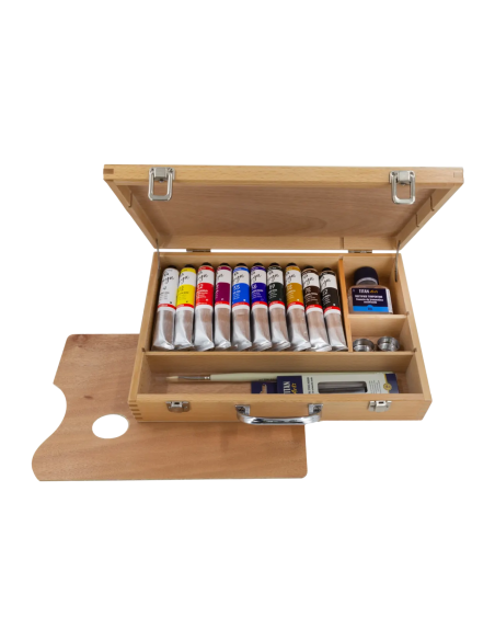 Maletín de óleo Goya 60GO abierto con 10 tubos de 60 ml, accesorios y paleta de madera