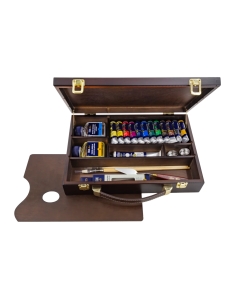Maletín TITAN Arts Extra Fine 20OL abierto con 12 óleos de 20 ml, blanco de 60 ml y accesorios