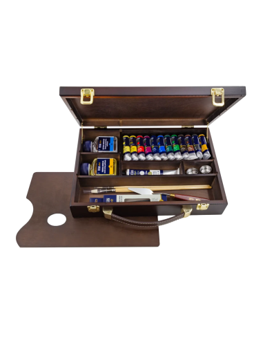 Maletín TITAN Arts Extra Fine 20OL abierto con 12 óleos de 20 ml, blanco de 60 ml y accesorios