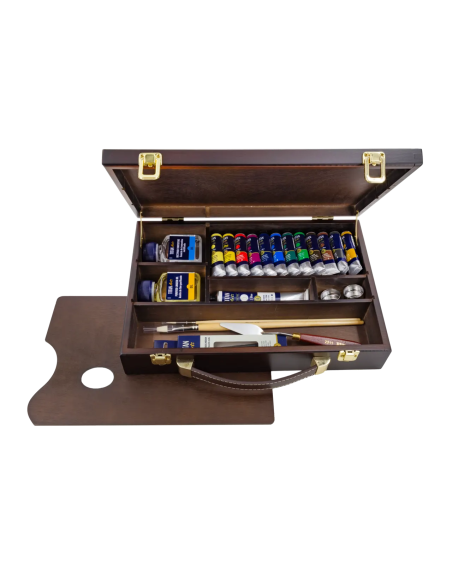 Maletín TITAN Arts Extra Fine 20OL abierto con 12 óleos de 20 ml, blanco de 60 ml y accesorios