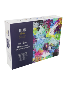 Maletín TITAN Arts Extra Fine 20OL abierto con 12 óleos de 20 ml, blanco de 60 ml y accesorios 2