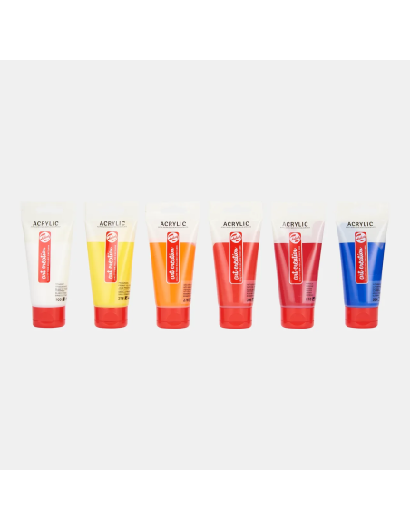 Acrílicos TAC de 75 ml: blanco de titanio, amarillo primario, anaranjado azo, rojo naftol medio, carmín y azul ultramar
