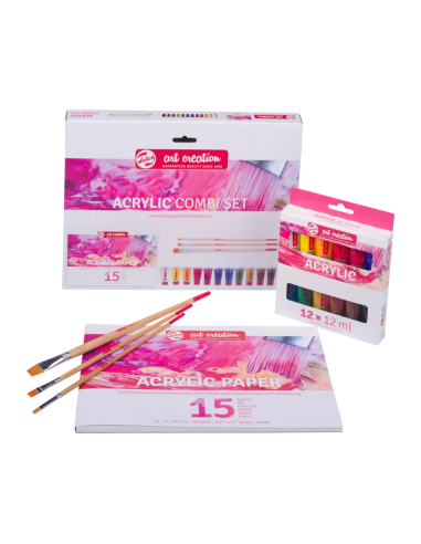 Set Talens Art Creation con 12 acrílicos de 12 ml, bloc A4 de 15 hojas y tres pinceles planos