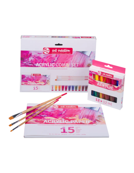 Set Talens Art Creation con 12 acrílicos de 12 ml, bloc A4 de 15 hojas y tres pinceles planos