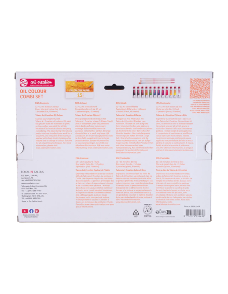 Parte posterior del Combiset Papel Óleo Talens Art Creation con información del contenido y código QR