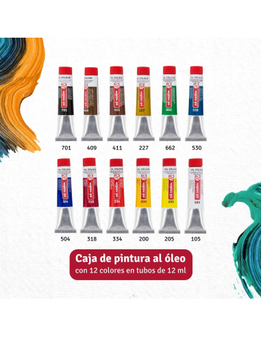 Los 12 colores al óleo Talens Art Creation de 12 ml incluidos en el combiset, con sus códigos