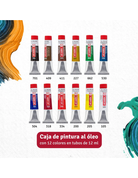 Los 12 colores al óleo Talens Art Creation de 12 ml incluidos en el combiset, con sus códigos