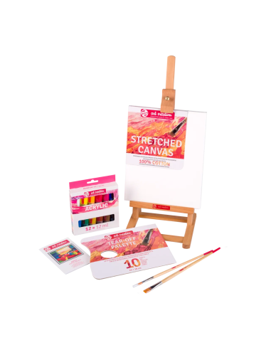 Set acrílico Talens Art Creation con 12 tubos de 12 ml, caballete, lienzo, paleta desechable y dos pinceles