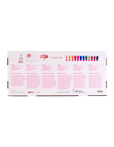Parte posterior de la caja del set acrílico Talens Art Creation con información de las pinturas y accesorios incluidos