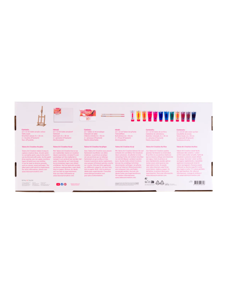 Parte posterior de la caja del set acrílico Talens Art Creation con información de las pinturas y accesorios incluidos