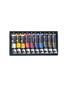 Diez tubos de óleo TITAN Arts Extra Fine de 20 ml presentados en su bandeja