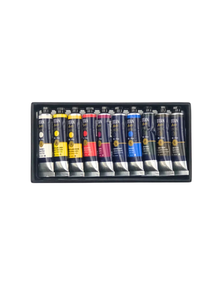 Diez tubos de óleo TITAN Arts Extra Fine de 20 ml presentados en su bandeja