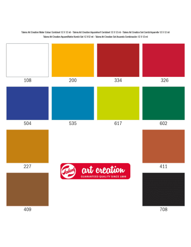 Carta de los 12 colores del set de acuarela Talens Art Creation con sus códigos