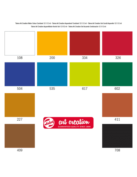 Carta de los 12 colores del set de acuarela Talens Art Creation con sus códigos