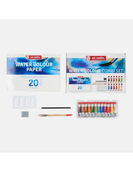 Set de acuarela Talens Art Creation con 12 tubos de 12 ml, bloc A4, dos pinceles, bandeja, lápiz y goma moldeable