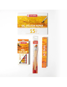 Set de óleo Talens Art Creation con 12 tubos de 12 ml, bloc A4 de 15 hojas, tres pinceles planos y manual