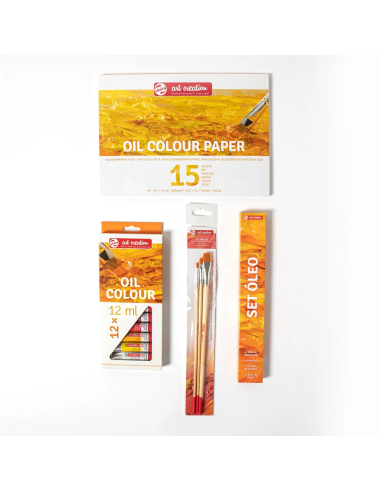 Set de óleo Talens Art Creation con 12 tubos de 12 ml, bloc A4 de 15 hojas, tres pinceles planos y manual