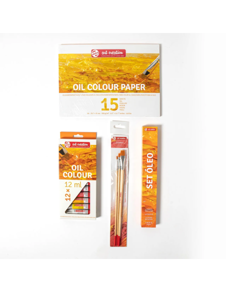 Set de óleo Talens Art Creation con 12 tubos de 12 ml, bloc A4 de 15 hojas, tres pinceles planos y manual