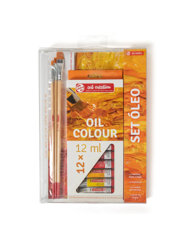Estuche transparente del Set Bellas Artes Óleo Talens Art Creation con pinturas, papel y tres pinceles