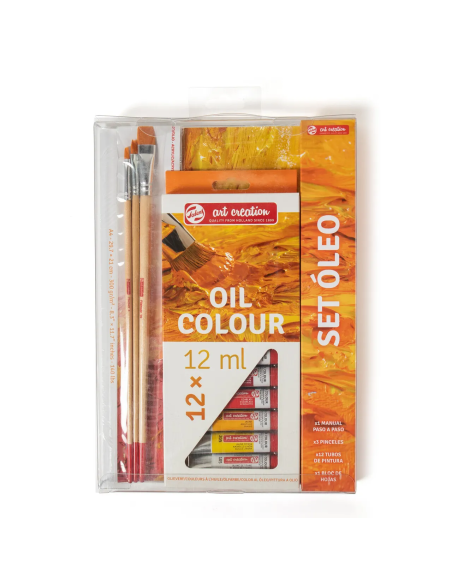 Estuche transparente del Set Bellas Artes Óleo Talens Art Creation con pinturas, papel y tres pinceles