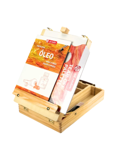 Caja Artemisa de óleo Talens Art Creation montada como caballete con manual y paleta desechable