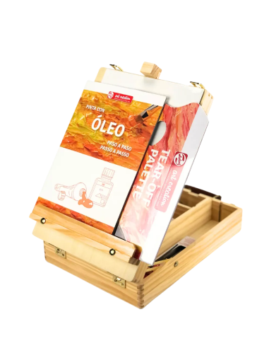 Caja Artemisa de óleo Talens Art Creation montada como caballete con manual y paleta desechable