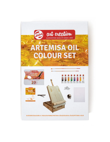 Embalaje de la caja Artemisa de óleo Talens Art Creation con ilustración del caballete y los materiales