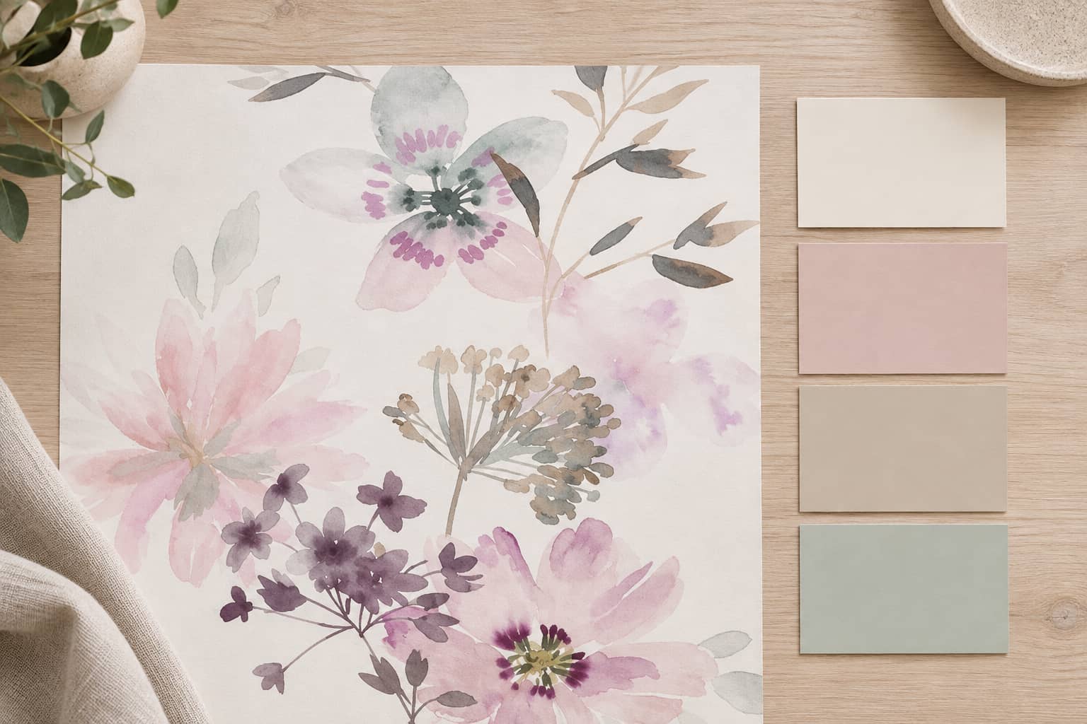 Muestras de pintura combinadas con el papel pintado floral 