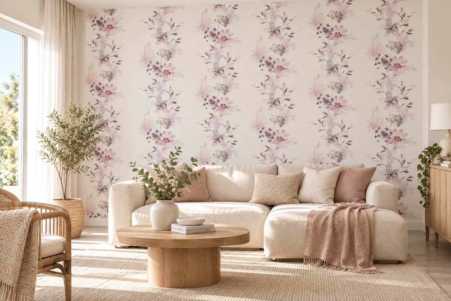 Sal&oacute;n con papel pintado floral y paredes en blanco roto