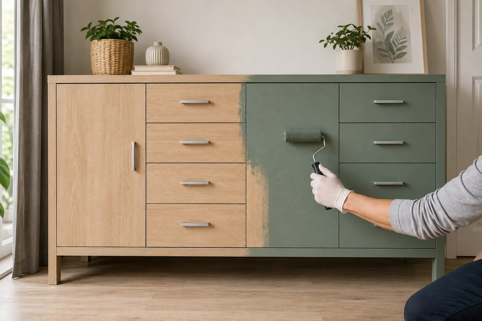 Mueble de melamina renovado con pintura verde mate