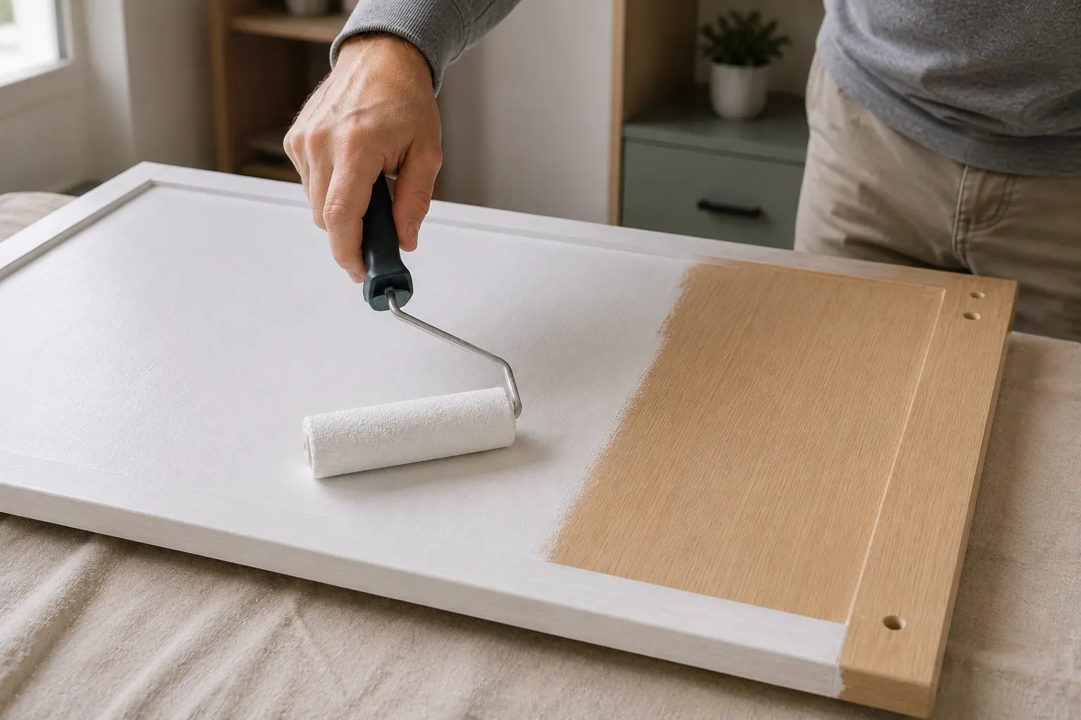 Aplicaci&oacute;n de imprimaci&oacute;n de adherencia sobre mueble de melamina