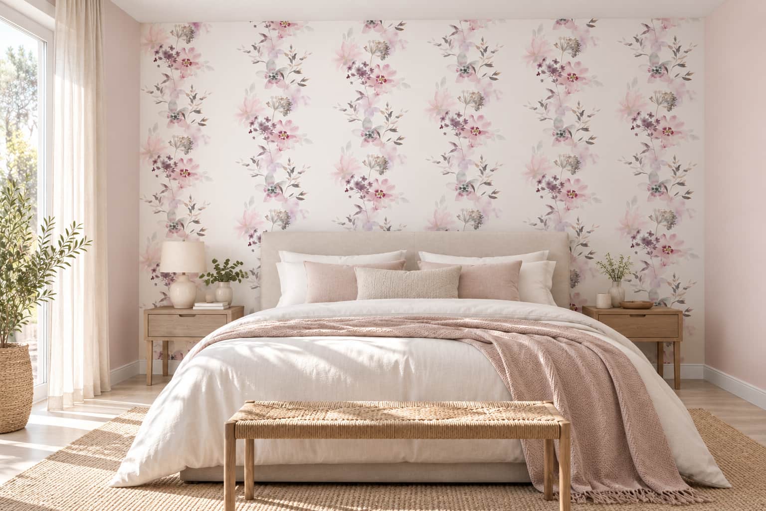 Dormitorio con papel pintado floral en la pared del cabecero