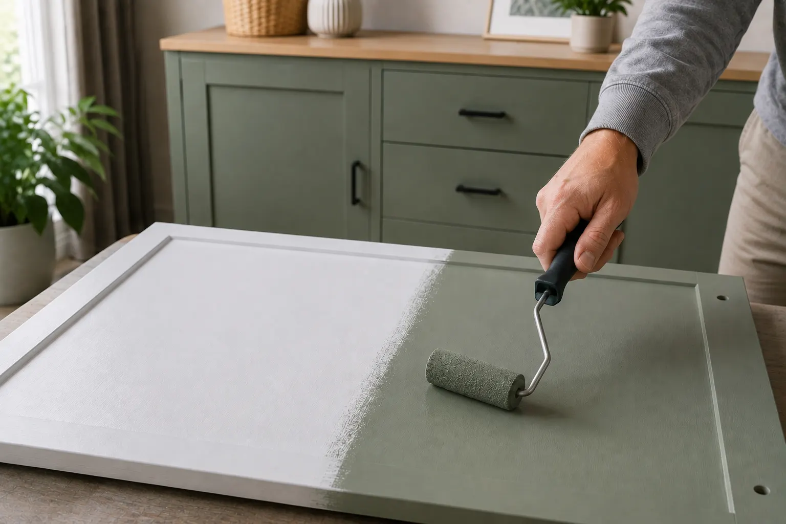 Aplicaci&oacute;n de esmalte con mini rodillo sobre mueble de melamina