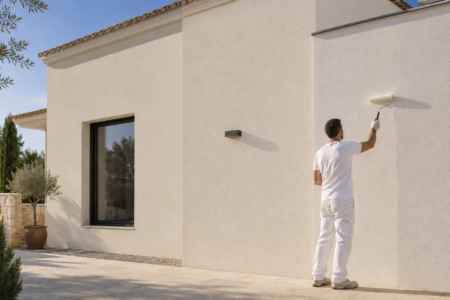 Fachada mediterr&aacute;nea con revestimiento liso, rugoso y aplicaci&oacute;n de pintura exterior con rodillo.