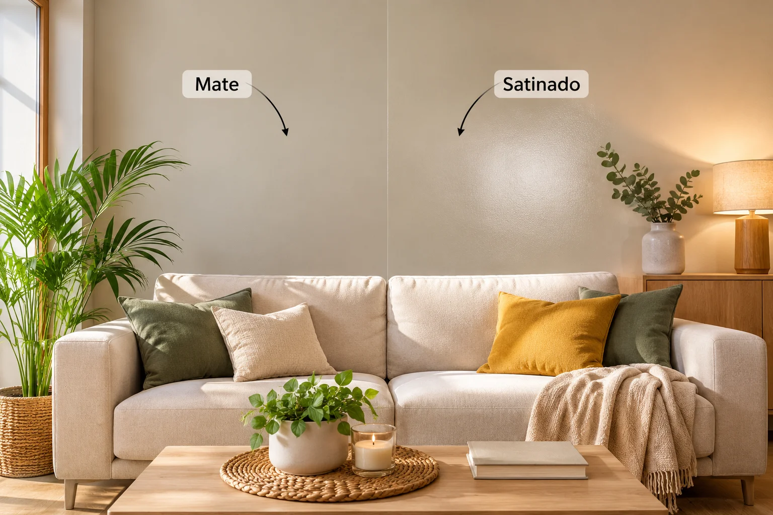 Sal&oacute;n con paredes en blanco roto mate y decoraci&oacute;n en tonos naturales
