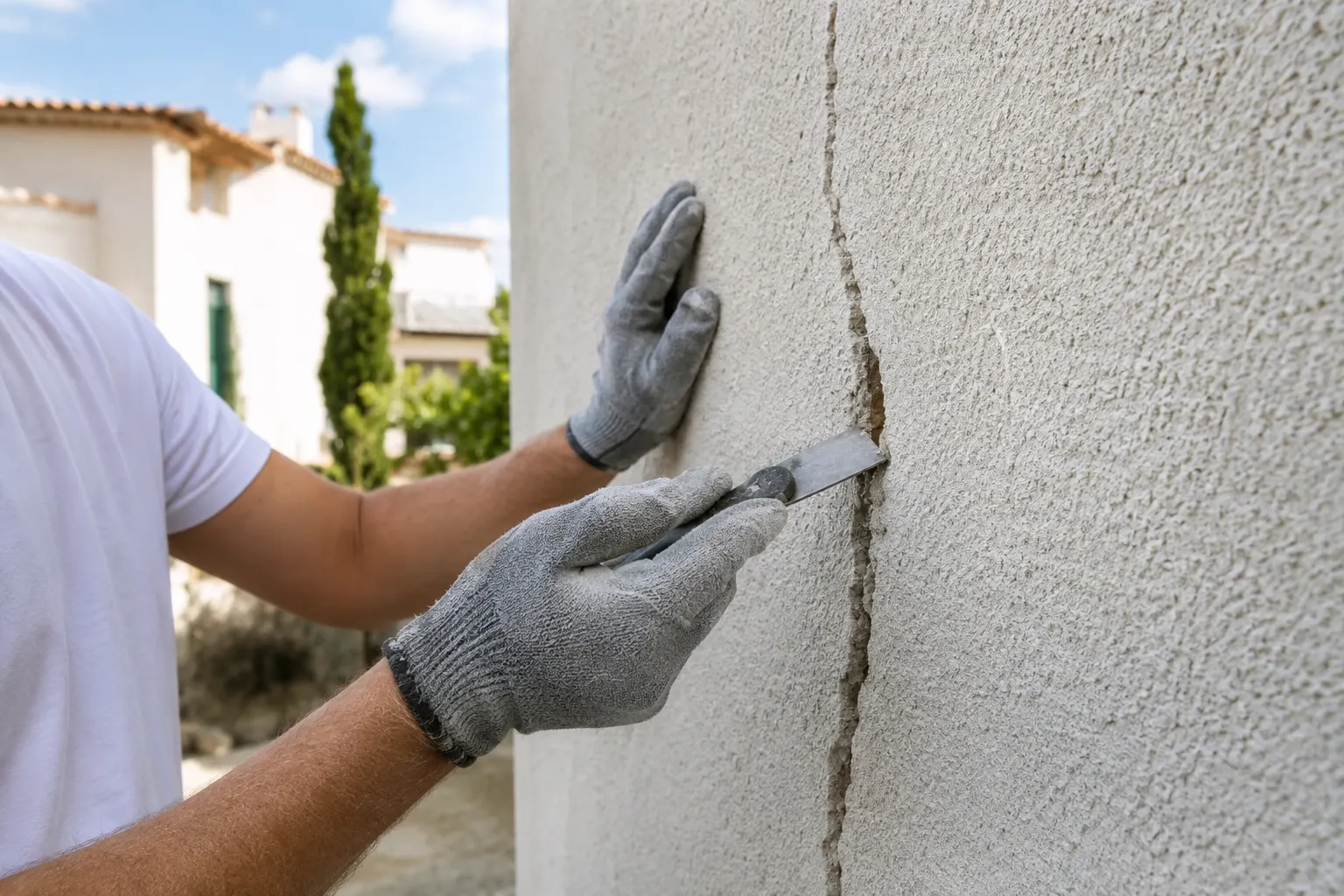 Preparaci&oacute;n y limpieza de una fisura de fachada antes de repararla