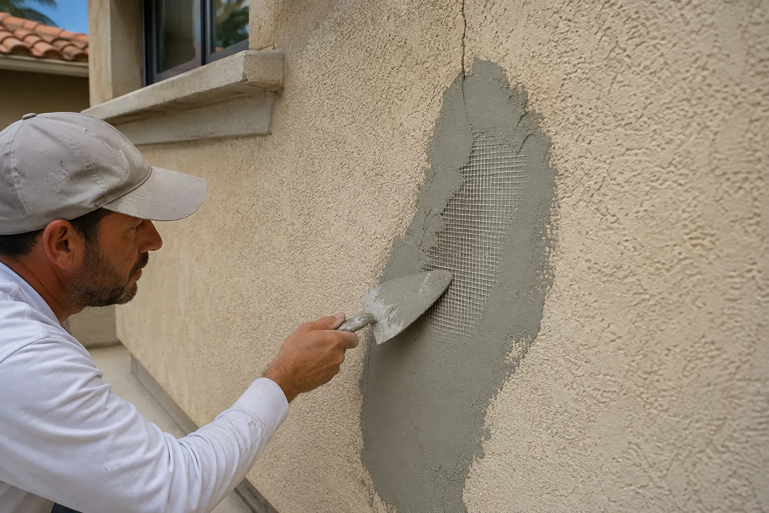 Reparaci&oacute;n reforzada de una fisura de fachada con malla de fibra de vidrio