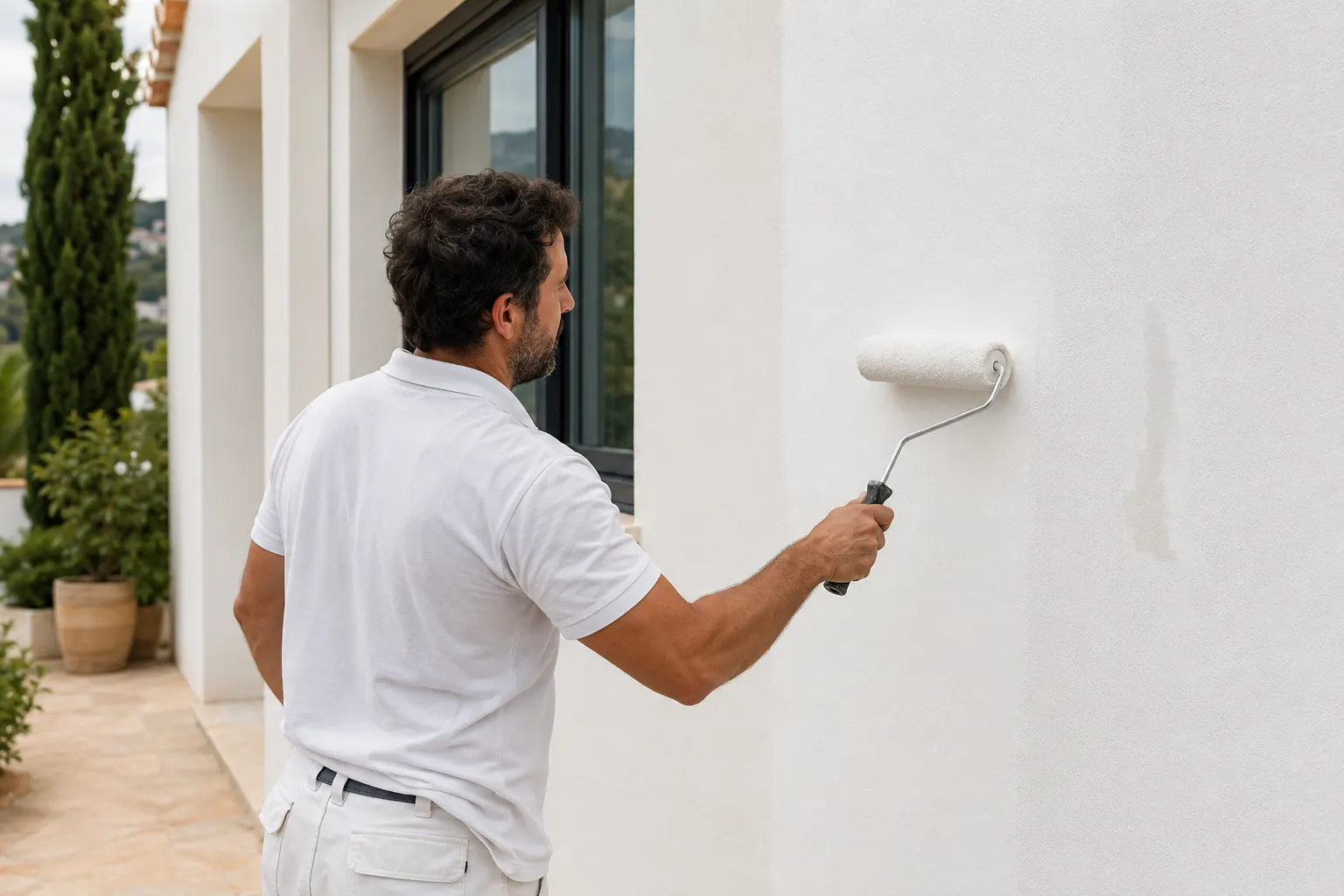 Profesional aplicando revestimiento el&aacute;stico blanco con rodillo sobre una fachada exterior previamente reparada.