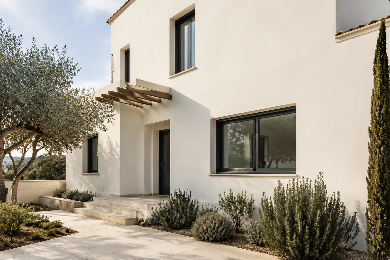 Fachada contempor&aacute;nea pintada con revestimiento liso blanco roto, ventanas modernas y vegetaci&oacute;n mediterr&aacute;nea.