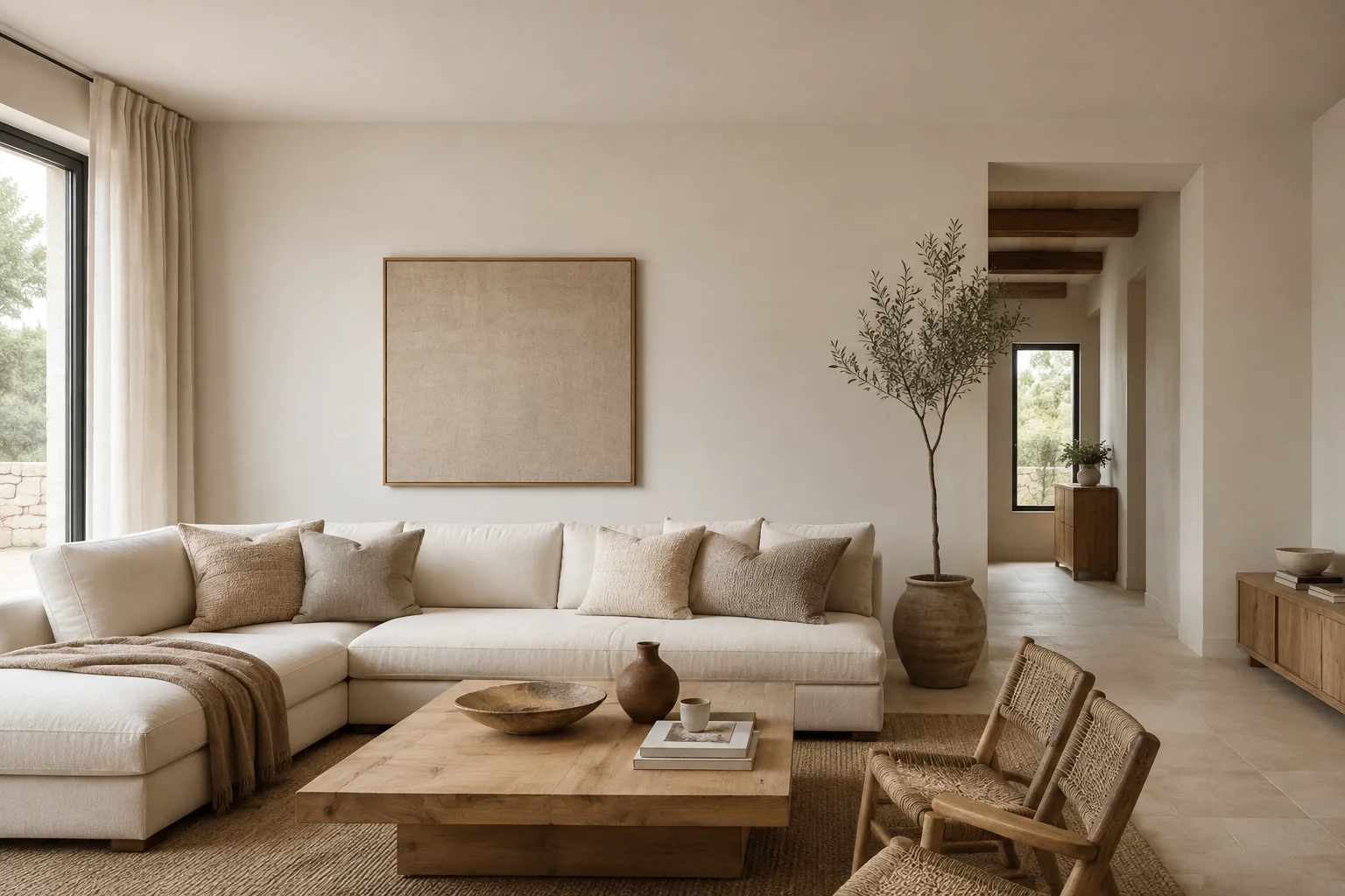 Interior moderno con paredes muy mates en blanco roto y tonos naturales